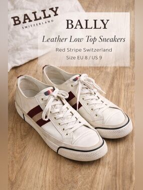 Bally Leather Low Top Sneakers Red Stripe Switzerland Size EU 8 / US 9